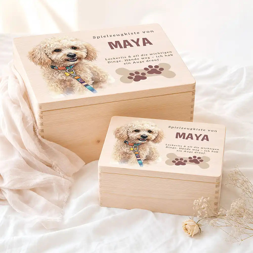 Personalisierte Spielzeugkiste Hund Knochen mit Pfoten – Etsy Hauptbild Hero mit Australian Shepherd Variante 3