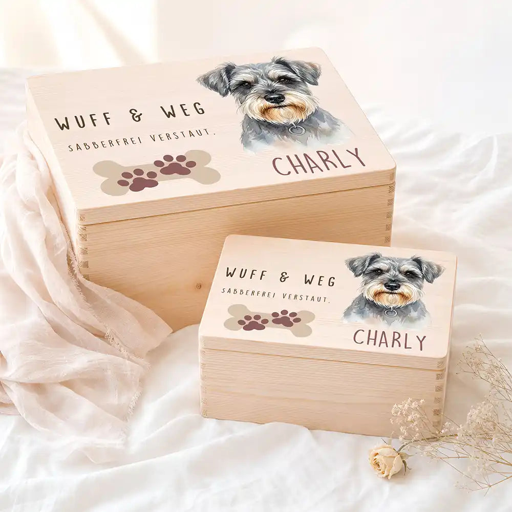 Personalisierte Aufbewahrungskiste Hund Wuff & Weg (Pfoten) – Etsy Hauptbild Hero mit French Bulldog (rot-fawn) Variante 3