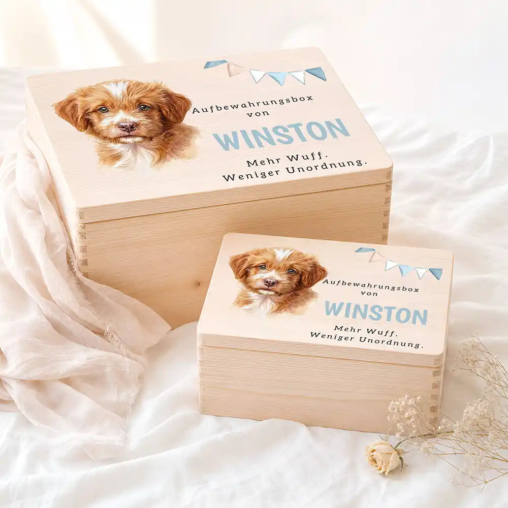 Personalisierte Aufbewahrungskiste Hund Wimpelkette blau – Etsy Hauptbild Hero mit Australian Shepherd Variante 3