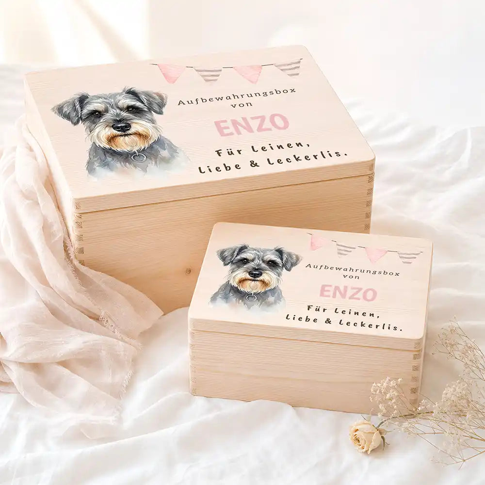 Personalisierte Aufbewahrungskiste Hund Wimpelkette pink – Etsy Hauptbild Hero mit Dackel Variante 3