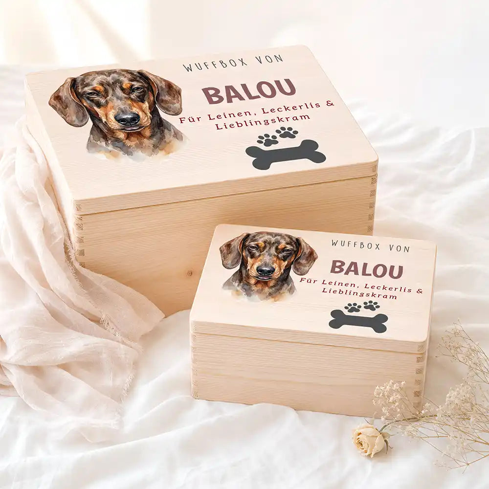Personalisierte Aufbewahrungskiste Hund Wuffbox mit Knochen-Pfote – Etsy Hauptbild Hero mit Australian Shepherd Variante 3