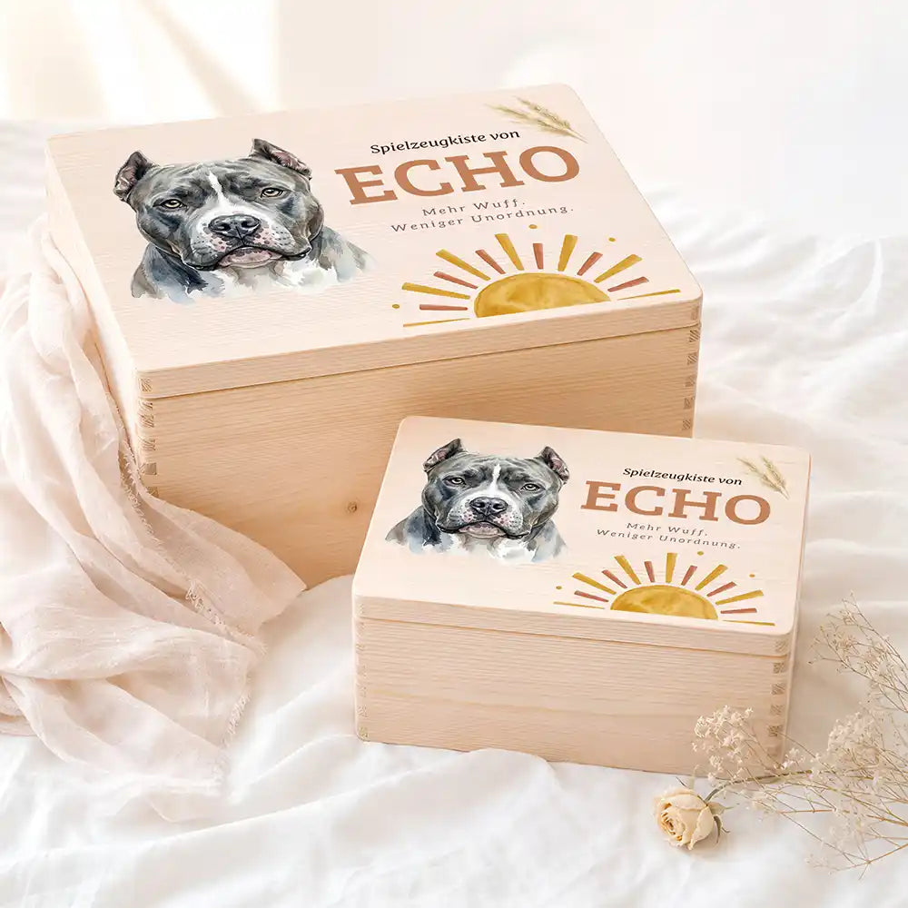 Personalisierte Spielzeugkiste Hund Sonnenaufgang Boho – Etsy Hauptbild Hero mit French Bulldog (fawn) Variante 3