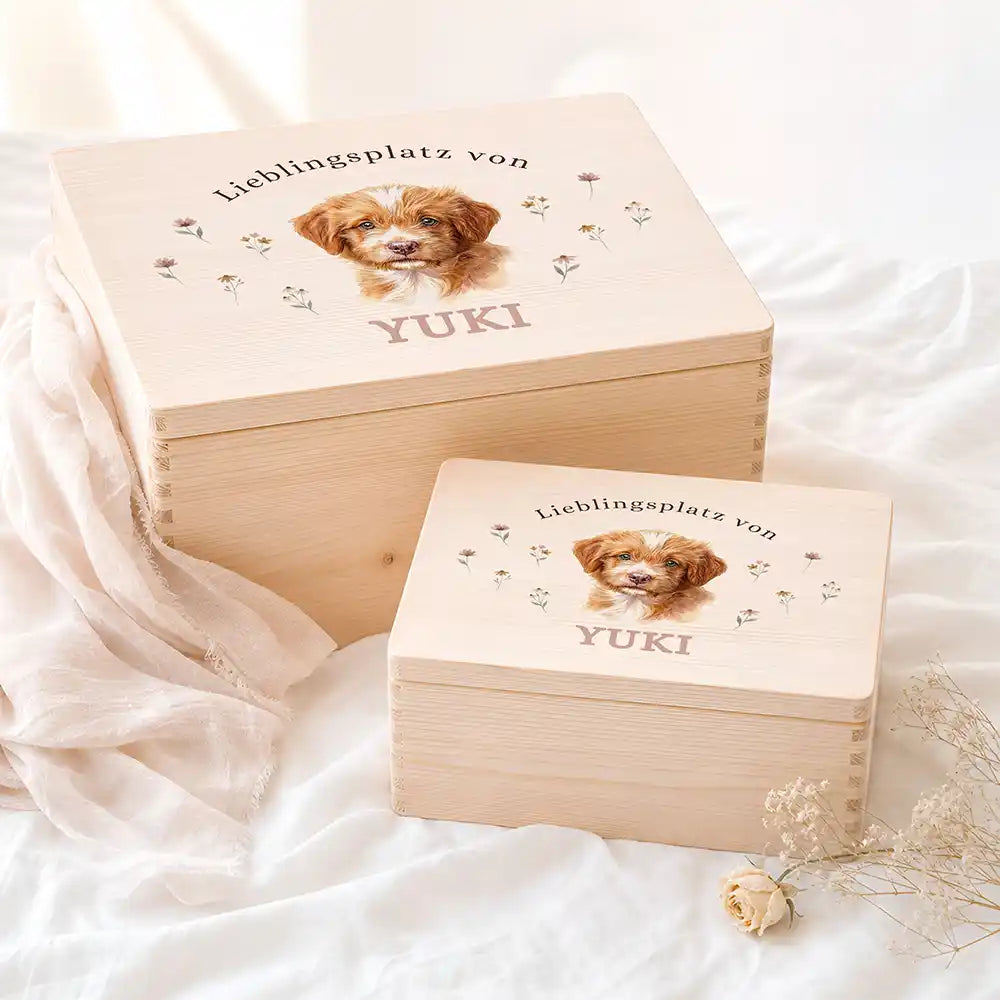 Personalisierte Aufbewahrungskiste Hund Lieblingsplatz Wildblumen – Etsy Hauptbild Hero mit Dackel Variante 3
