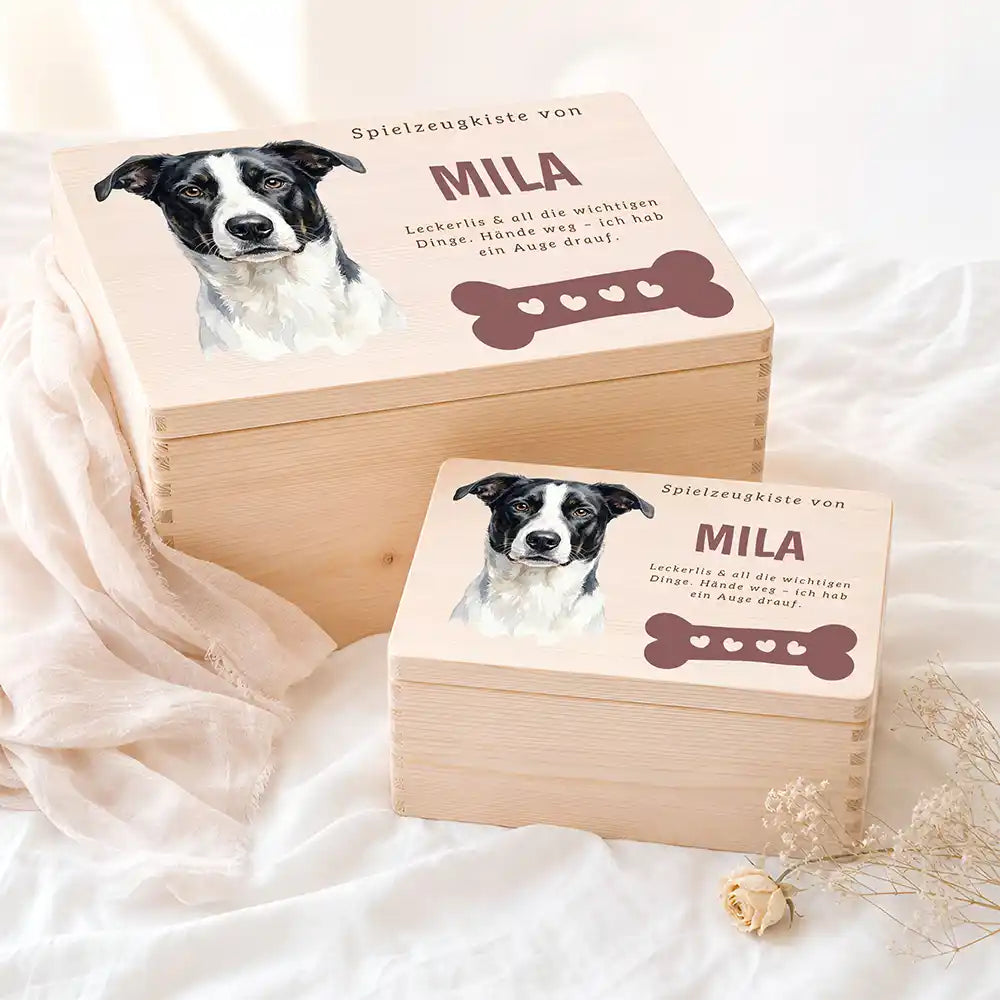Personalisierte Spielzeugkiste Hund Knochen mit Herzen – Etsy Hauptbild Hero mit Bullie / American Staffordshire Variante 5