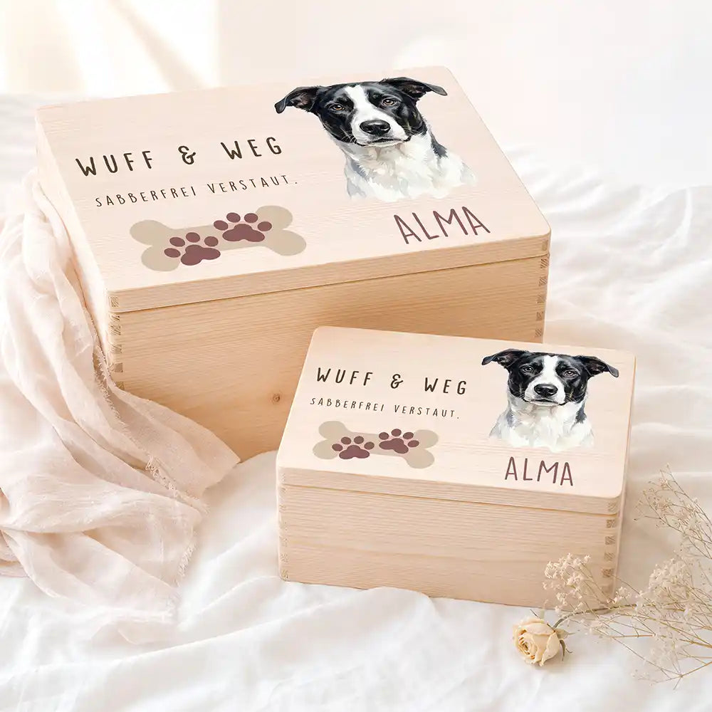 Personalisierte Aufbewahrungskiste Hund Wuff & Weg (Pfoten) – Etsy Hauptbild Hero mit French Bulldog (rot-fawn) Variante 5