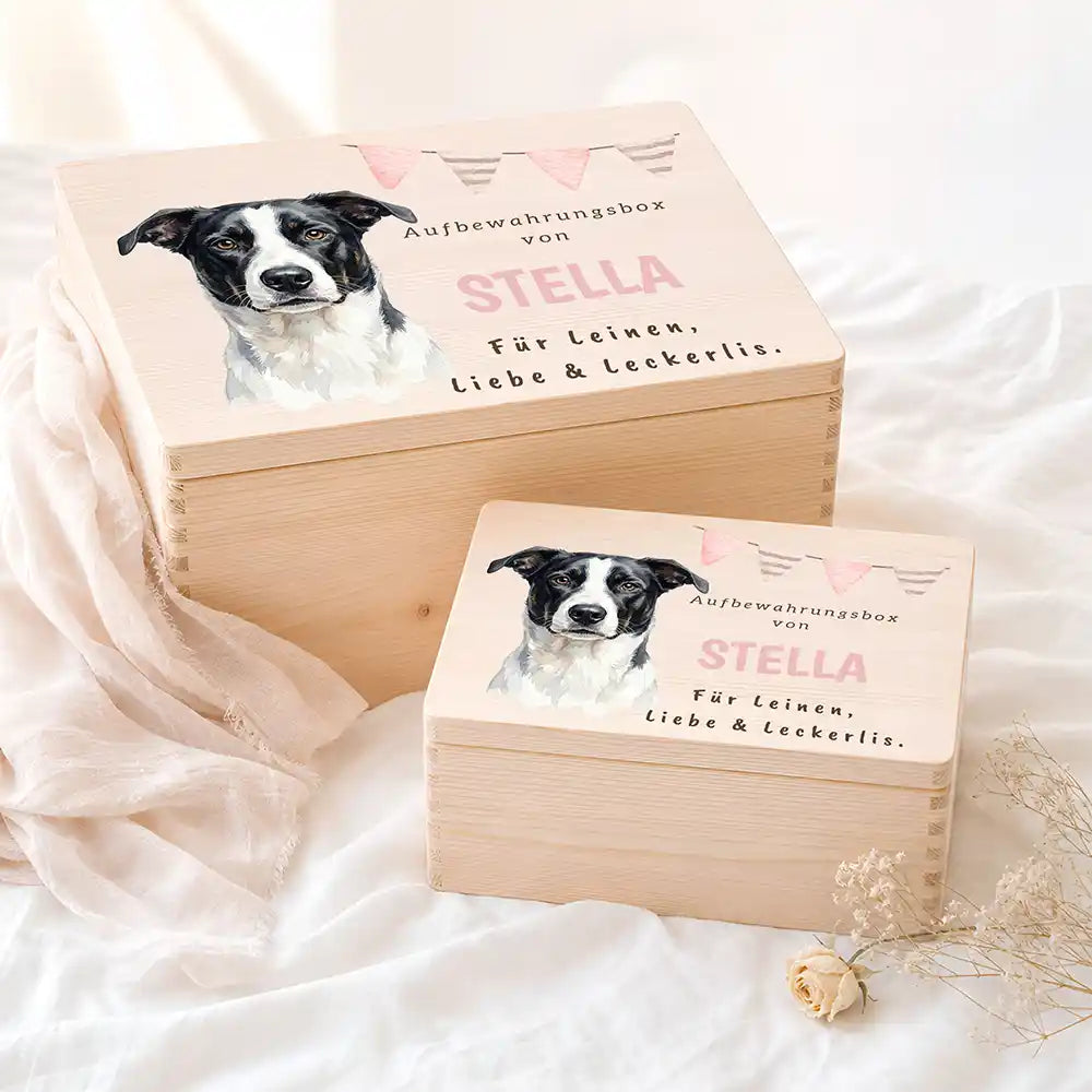 Personalisierte Aufbewahrungskiste Hund Wimpelkette pink – Etsy Hauptbild Hero mit Dackel Variante 5