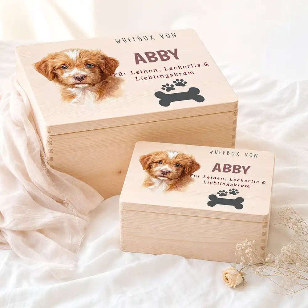 Personalisierte Aufbewahrungskiste Hund Wuffbox mit Knochen-Pfote – Etsy Hauptbild Hero mit Australian Shepherd Variante 5
