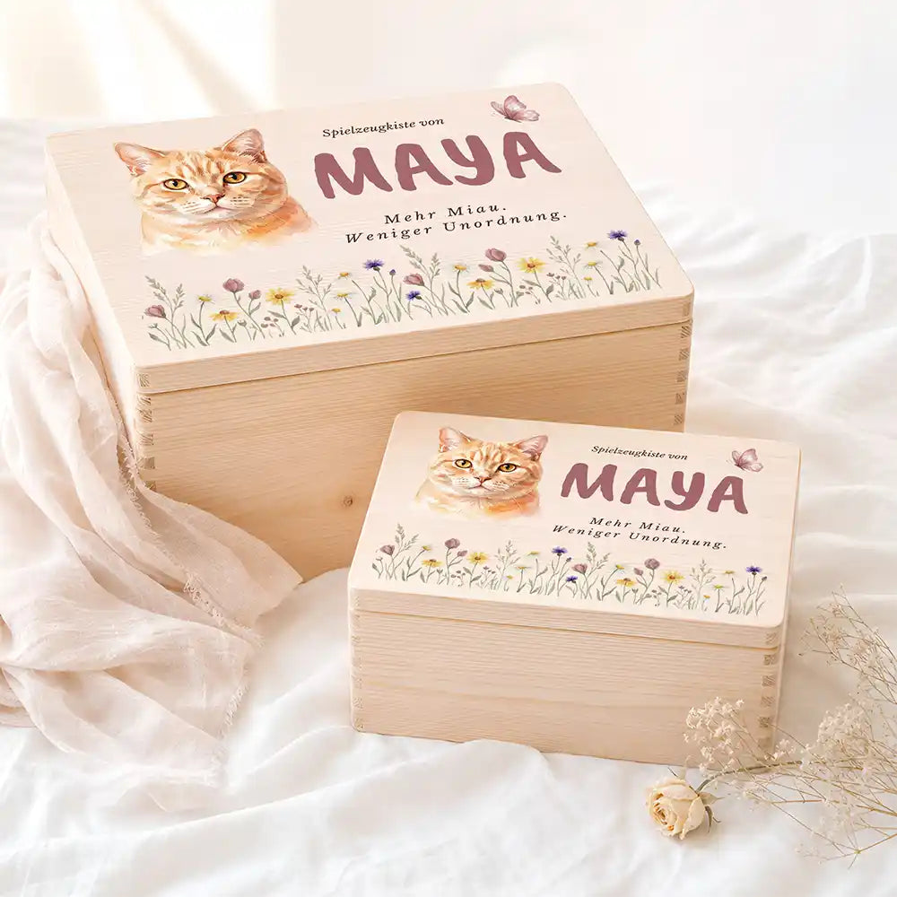 Personalisierte Spielzeugkiste Katze Wildblumen Sommerwiese – Etsy Hauptbild Hero mit Perserkatze / Exotic Variante 5
