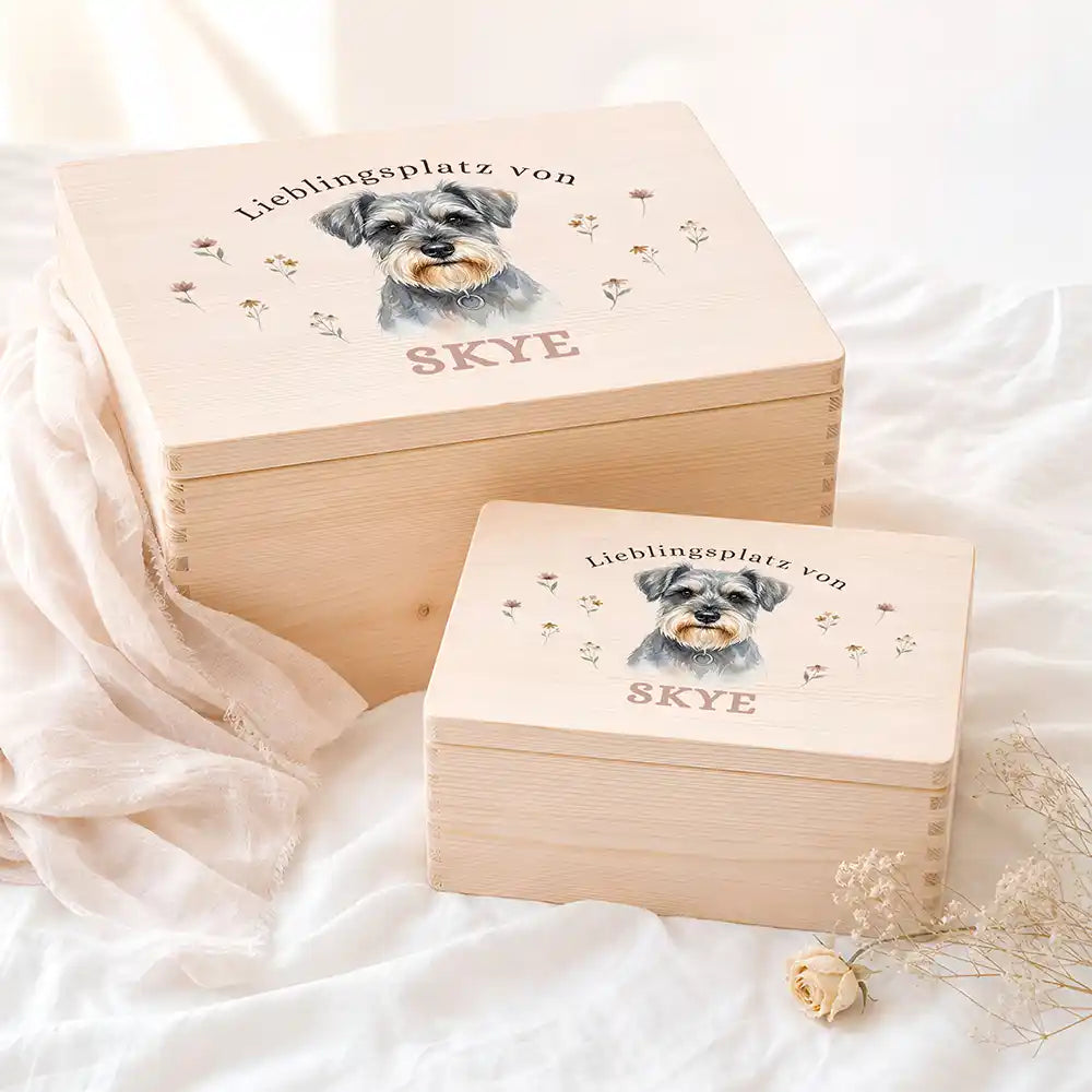 Personalisierte Aufbewahrungskiste Hund Lieblingsplatz Wildblumen – Etsy Hauptbild Hero mit Dackel Variante 5