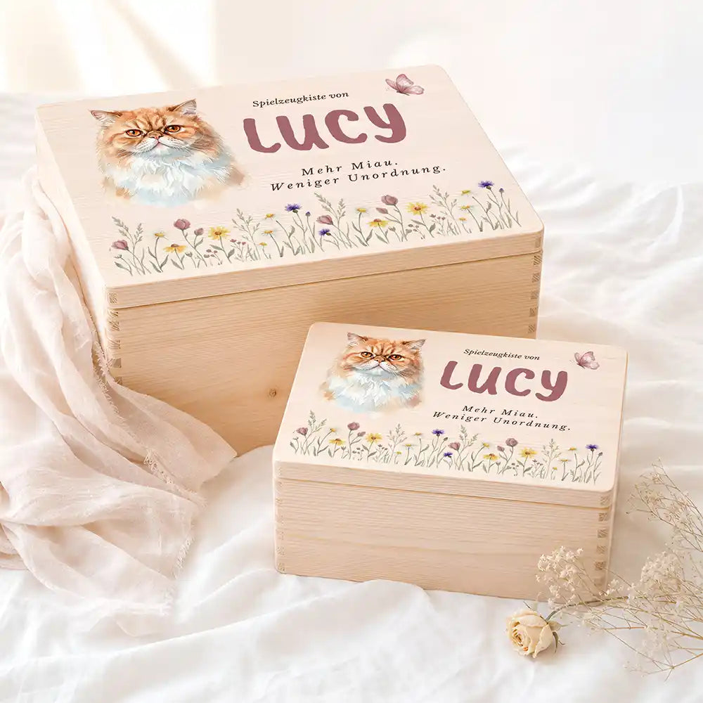 Personalisierte Spielzeugkiste Katze Wildblumen Sommerwiese – Etsy Hauptbild Hero