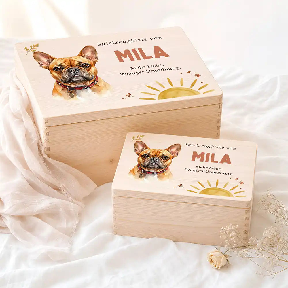 Personalisierte Spielzeugkiste Hund Sonne mit Streublumen – Etsy Hauptbild Hero