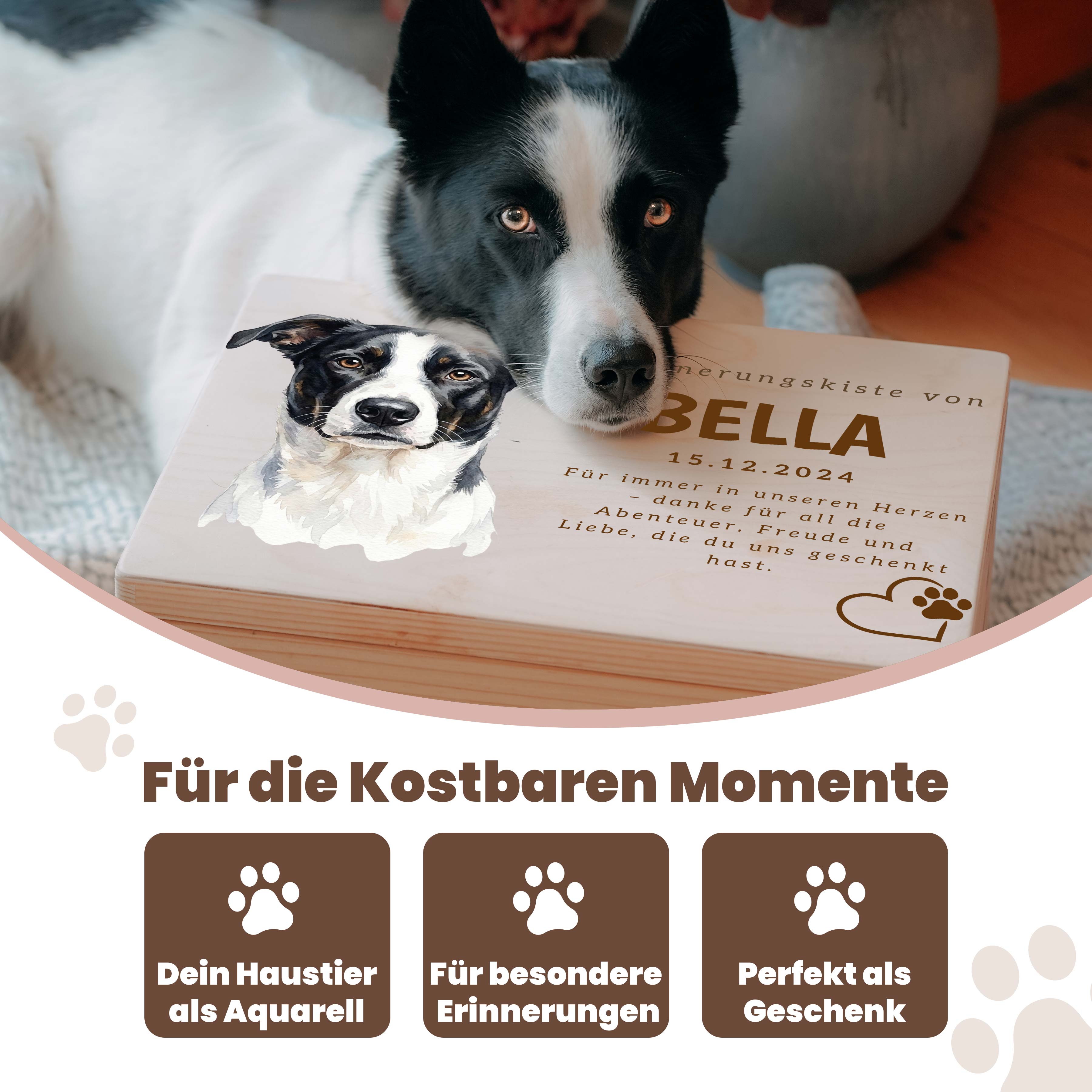 Personalisierte Erinnerungskiste für Haustiere – mit Aquarell-Portrait & Name